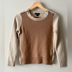 J.Crew 100% Wool Colorblock Sweater | Tan & Oatmeal | Size S | Zip Detail
